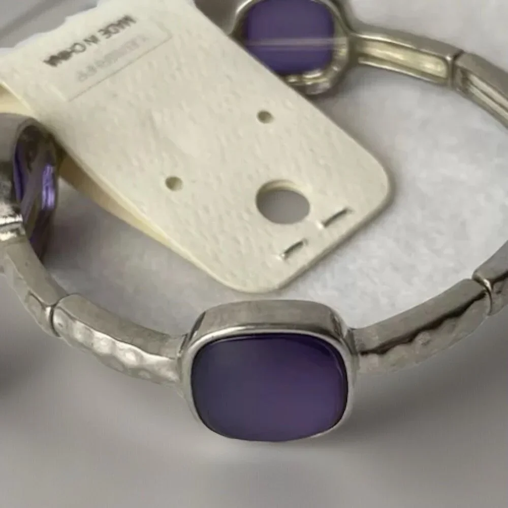 JL Designs Purple Silvertone Stretch Bracelet Rectangle Bangle Costume Jewelry